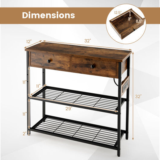 Narrow Console Table with 2 Drawers and 2 Metal Mesh Shelves-Gray LuxuryLifeWay Online Store