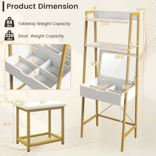 Ladder Vanity Desk Set with Flip Top Mirror and Cushioned Stool-Black LuxuryLifeWay Online Store
