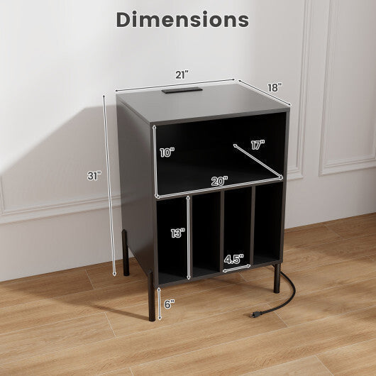 Record Player Stand with Record Storage Shelf and Charging Station-Black LuxuryLifeWay Online Store
