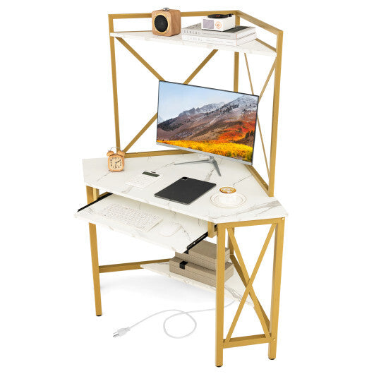 Space-Saving Corner Computer Desk with with Hutch and Keyboard Tray-Rust Brown LuxuryLifeWay Online Store