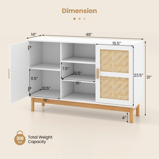 48 Inch Sideboard Buffet Cabinet Floor Storage Cabinet with 2 Bamboo Woven Doors-White LuxuryLifeWay Online Store