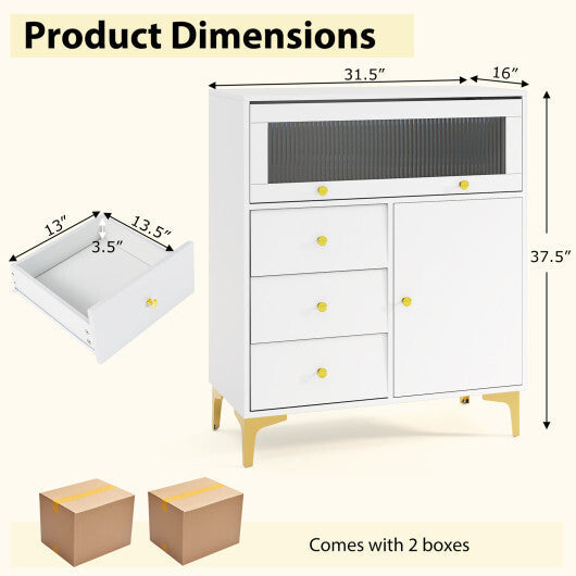 Chest of Drawers with Flip Up Fluted Glass Door for Bedroom Kitchen-Gray