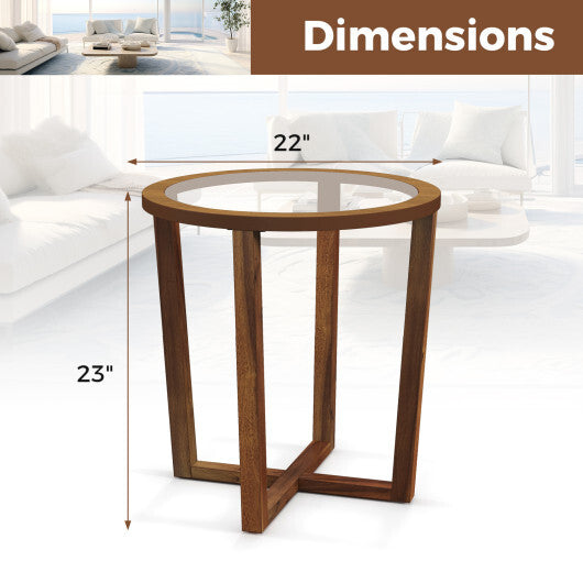 Modern Round End Table Sofa Side Table with Transparent Tempered Glass Top-Brown LuxuryLifeWay Online Store