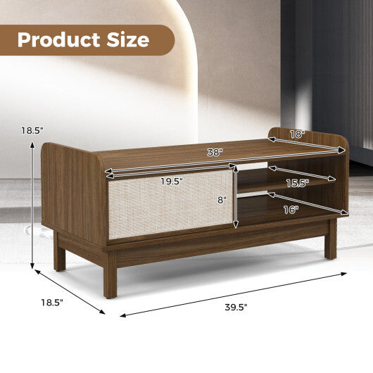 Mid-Century Center Table with Storage and Weaving Sliding Door & Adjustable Shelf-Walnut LuxuryLifeWay Online Store