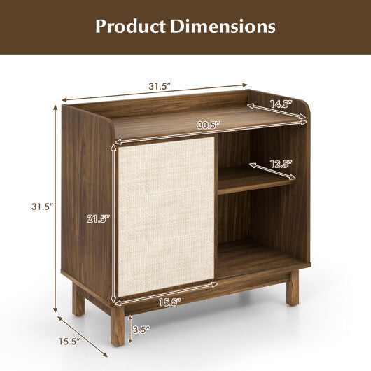 Rattan Buffet Sideboard Mid Century Floor Storage Cabinet with Sliding Door and Adjustable Shelves-Walnut LuxuryLifeWay Online Store