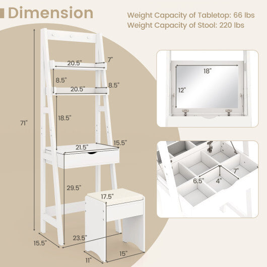 Vanity Desk Set with Flip Top Mirror Hidden Storage Compartments and Cushioned Stool-White LuxuryLifeWay Online Store