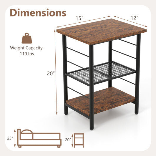 3-Tier End Table Set of 2 Side Table with Storage Shelves Metal Frame-Rustic Brown LuxuryLifeWay Online Store