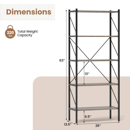 5-Tier Bookshelf with Open Shelves and Heavy Duty Metal Frame-Rustic Brown LuxuryLifeWay Online Store
