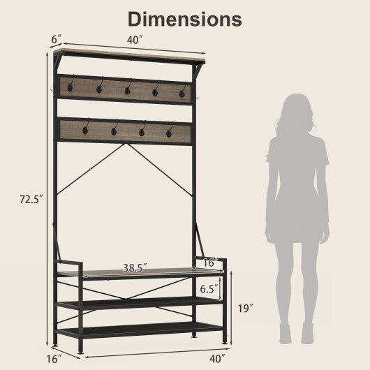 Coat Rack 4-In-1 Hall Tree with 11 Hanging Hooks Shoe Bench-Gray LuxuryLifeWay Online Store