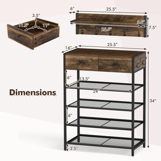 Coat Rack Shoe Stand Set 5-Tier Shoe Rack with Wall-Mounted Coat Hanger-Brown LuxuryLifeWay Online Store