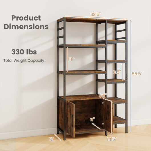 Double Wide 8-Tier Bookshelf with 2-Door Cabinet for Living Room Home Office-Rustic Brown LuxuryLifeWay Online Store