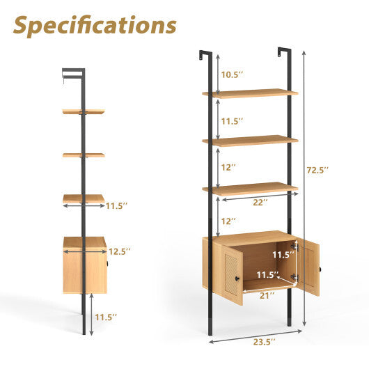 5-Tier Ladder Bookcase with Rattan Cabinet and Metal Frame-Natural LuxuryLifeWay Online Store