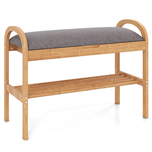 2-Tier Bamboo Shoe Bench with Storage and Padded Cushion-Gray LuxuryLifeWay Online Store