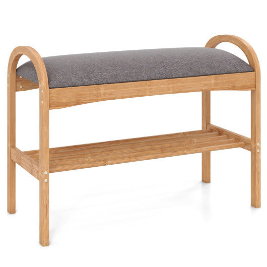 2-Tier Bamboo Shoe Bench with Padded Cushion and Shelf-Gray LuxuryLifeWay Online Store