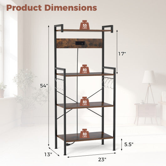 4-Tier Kitchen Bakers Rack with Power Outlet and 8 Hooks-Rustic Brown LuxuryLifeWay Online Store