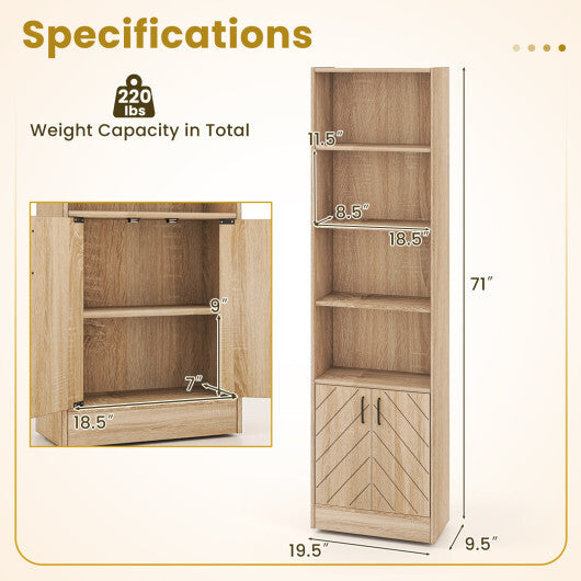 71 Inch 6-Tier Tall Bookshelf with Double Doors 4 Open Cubes-Oak LuxuryLifeWay Online Store