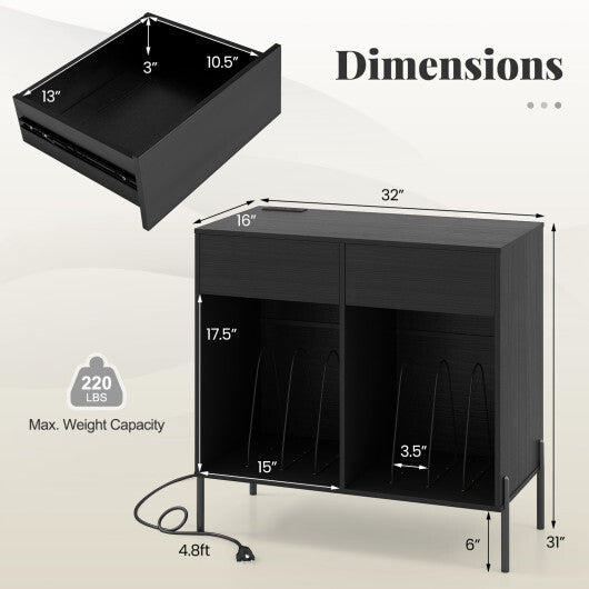 Record Player Stand with Power Outlets Double Wide Turntable Stand Vinyl Record Storage Table-White LuxuryLifeWay Online Store