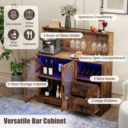 Wine Bar Cabinet with LED Lights and Charging Station-Rustic Brown LuxuryLifeWay Online Store