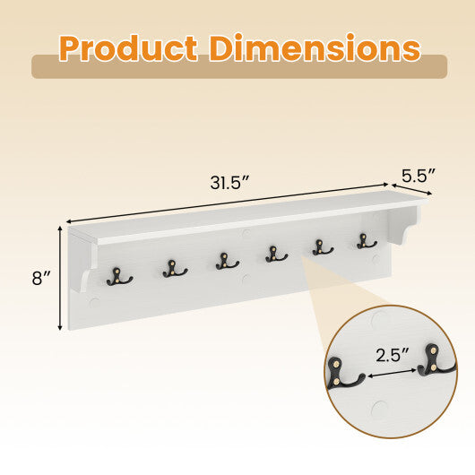 Wall Hooks with Shelf 31.5inch Wooden Coat Rack with 6 Hooks for Hats Towels Purses Robes-Natural LuxuryLifeWay Online Store