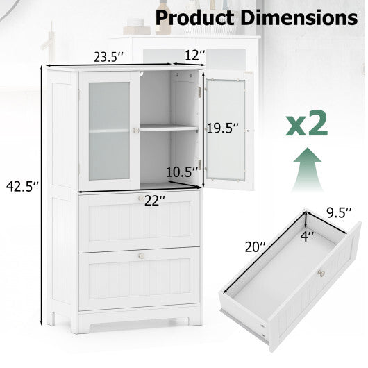 Bathroom Floor Storage Cabinet Freestanding Cupboard Pantry with 2 Drawers and 2 Frosted Glass Doors-White