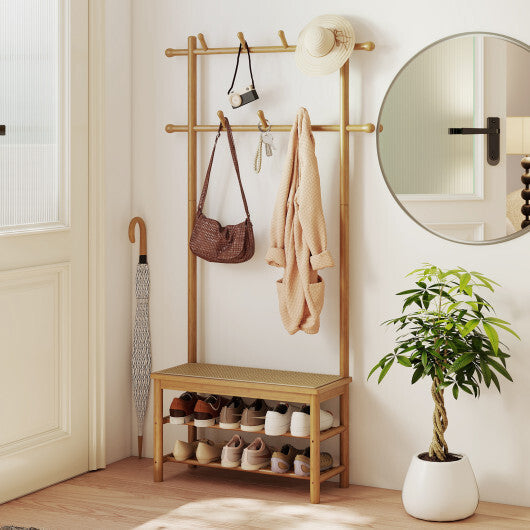 Bamboo Coat Rack PE Rattan Hall Tree with Bench and Shoe Storage 3-In-1 Entryway Bench-Brown LuxuryLifeWay Online Store