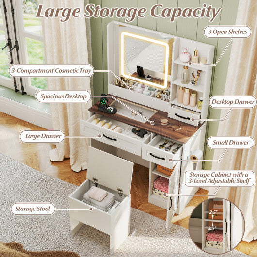 Vanity Desk with Mirror and Lights Farmhouse Makeup Dressing Table-White LuxuryLifeWay Online Store