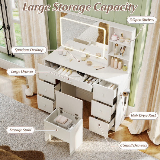 Vanity Desk with Mirror and Lights Makeup Dressing Table Vanity Table and Stool Set-White LuxuryLifeWay Online Store