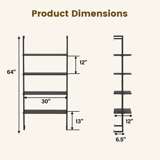4-Tier Ladder Shelf Open Wall Mounted Bookcase with Wooden Boards and Metal Frame-Black LuxuryLifeWay Online Store