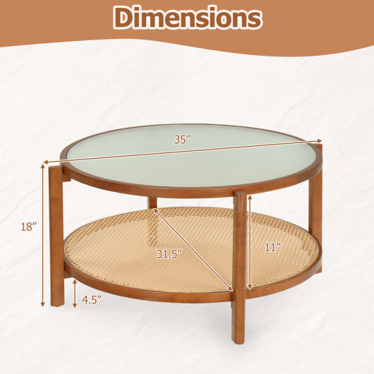 2-Tier Rattan Coffee Table with Frosted Tempered Glass Top and Wood Legs-Walnut LuxuryLifeWay Online Store