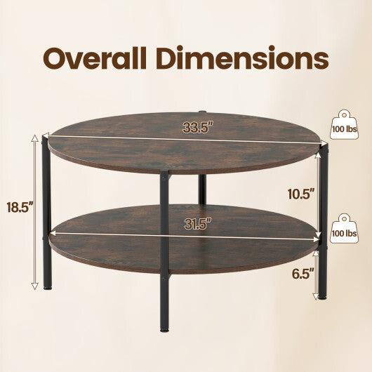 Round Coffee Table 2-Tier Industrial Accent Table with Open Storage Shelf-Rustic Brown LuxuryLifeWay Online Store
