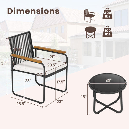 3 Pieces Patio Furniture Set PE Rattan Porch Chairs with Round Tempered Glass Top Table-White LuxuryLifeWay Online Store