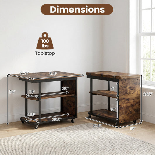Mobile Night Stand with Foldable Swivel Top and 2-Tier Shelf for Small Spaces-Natural LuxuryLifeWay Online Store