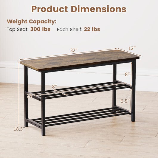 3-Tier Shoe Rack Shoe Bench with Metal Slat Shelves and Long Wooden Seat-Rustic Brown LuxuryLifeWay Online Store