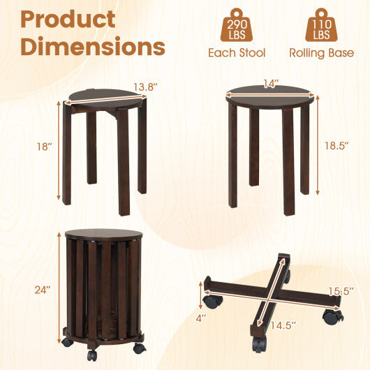 Round Portable Wood Nesting Stools with Locking Casters-Natural LuxuryLifeWay Online Store