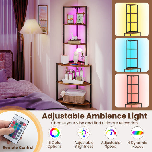 65 Inch 6-Tier Corner Shelf with Charging Station and Ambience Light-Natural LuxuryLifeWay Online Store