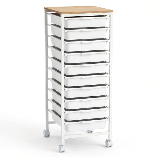 10-Drawer Rolling Storage Cart Mobile Utility Organizer with Wooden Tabletop and Lockable Wheels-White LuxuryLifeWay Online Store