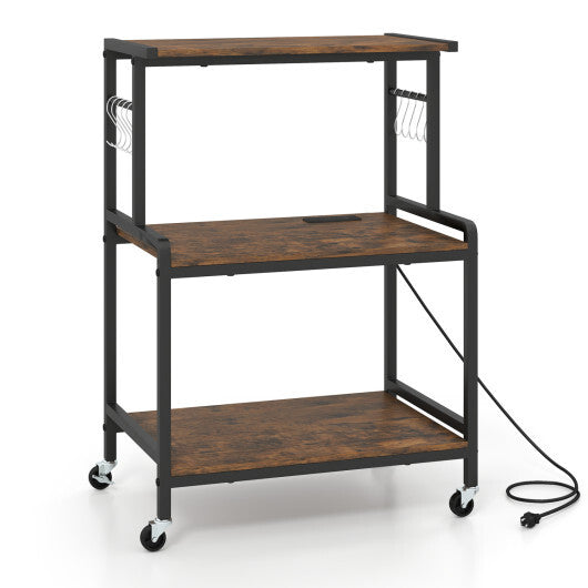 3-Tier Rolling Microwave Cart with Power Outlet and Lockable Wheels and 10 Hooks-Rustic Brown LuxuryLifeWay Online Store