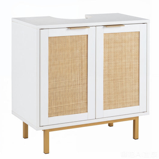 Bathroom Vanity Cabinet with U-Shaped Cut-Out 2 Rattan Doors and Shelf-Brown LuxuryLifeWay Online Store