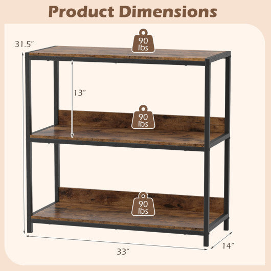3-Tier Industrial Bookshelf with Wooden Shelves and Metal Frame-Rustic Brown LuxuryLifeWay Online Store