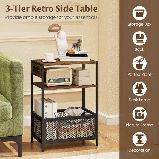 3-Tier Industrial Side Table Set of 2 with 2 AC Outlets and 1 Type-C Ports-Rustic Brown LuxuryLifeWay Online Store