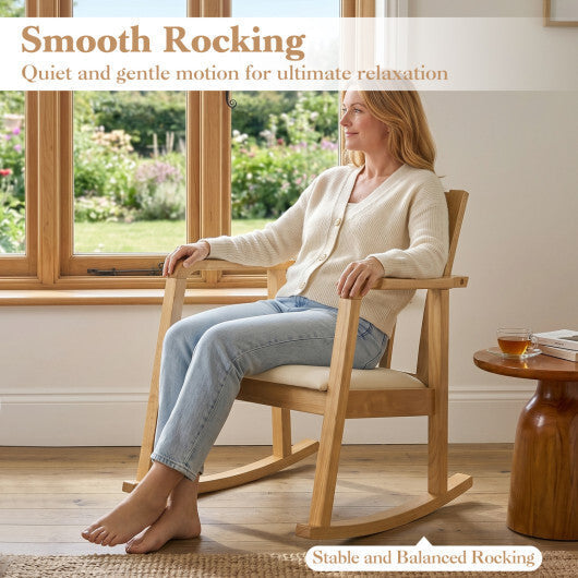 Wooden Rocking Chair with Upholstered Seat and Ladder Back for Living Room-Brown