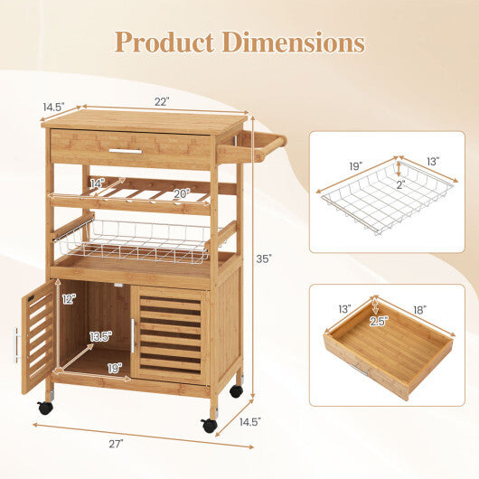 Bamboo Rolling Kitchen Island Trolley with Storage Cabinet and Wine Rack-Natural LuxuryLifeWay Online Store