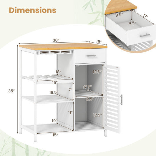 Coffee Bar Cabinet with Glass Holder Wine Rack and Bamboo Top-White LuxuryLifeWay Online Store