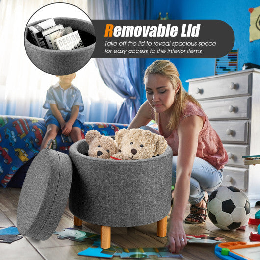 Round Fabric Storage Ottoman with Tray and Non-Slip Pads for Bedroom-Gray LuxuryLifeWay Online Store