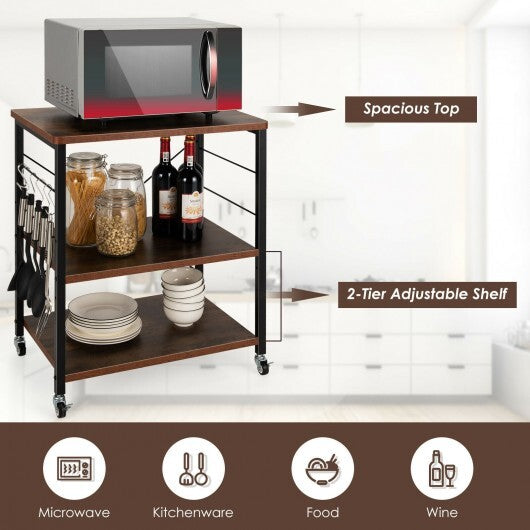 3-Tier Kitchen Baker's Rack Microwave Oven Storage Cart with Hooks-Rustic Brown - Color: Rustic Brown LuxuryLifeWay Online Store