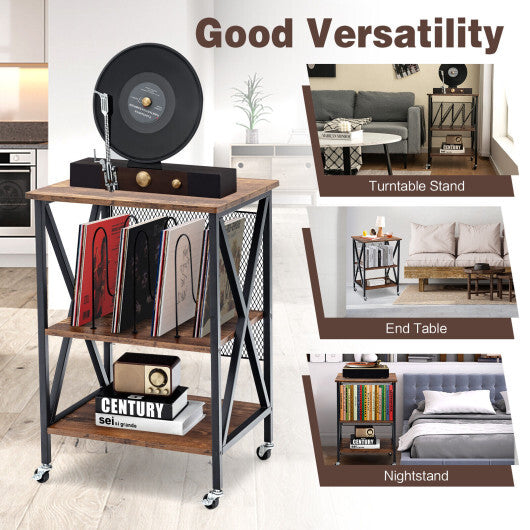 3 Tiers Vintage Style Rolling End Table with 3 Dividers for Albums-Brown LuxuryLifeWay Online Store