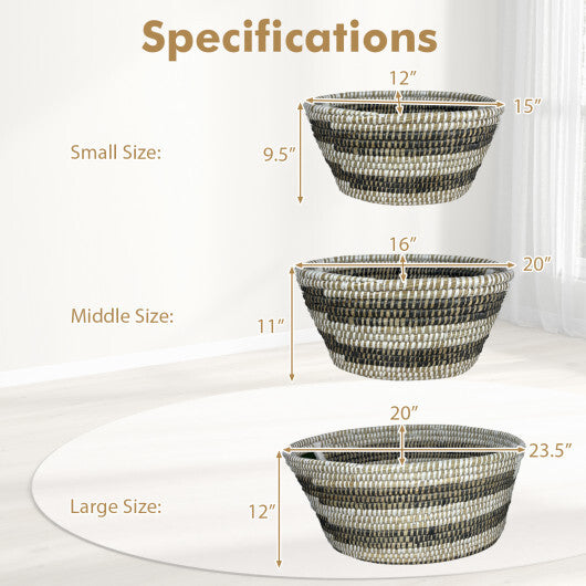 Natural Canes Grass Baskets Stackable Storage Bins Set of 3 with Hollowed Handles LuxuryLifeWay Online Store