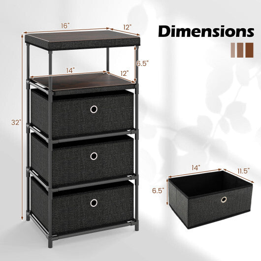 Dresser with 3/4 Drawers Fabric Storage Tower with Wood Top and Metal Frame-M - Color: Black - Size: M LuxuryLifeWay Online Store