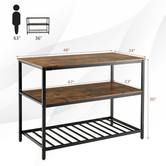 3 Shelves Kitchen Island Industrial Prep Table with Bottom Wine Rack-Rustic Brown