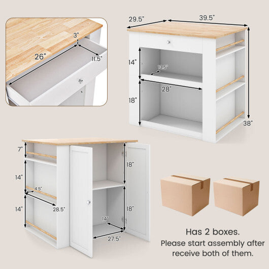 Modern Kitchen Island with Rubber Wood Countertop and Storage-White LuxuryLifeWay Online Store
